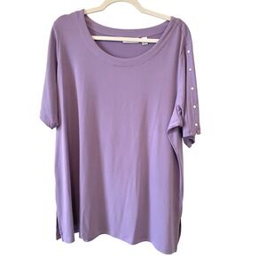 Susan Graver Size 1X Liquid Knit Purple Short Sleeve Tunic Top Sleeve Detailing